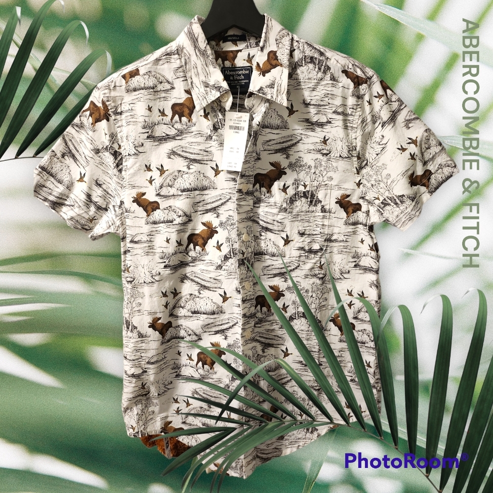 🆕️🫎Abercrombie & Fitch Cotton Summer Shirt Short Sleeve Moose / Duck Print NWT